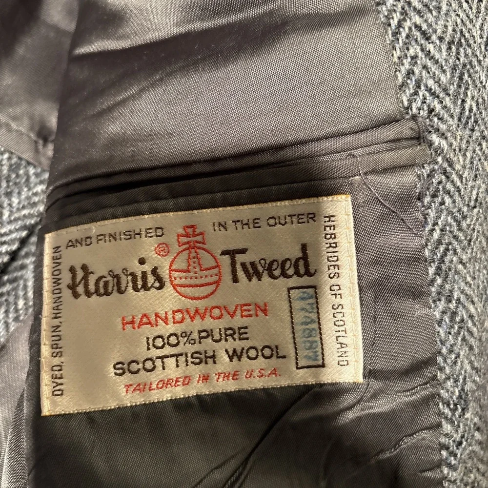 Harris Tweed Mens Grey Herringbone Wool Blazer Sport Coat Tailored in USA 44R